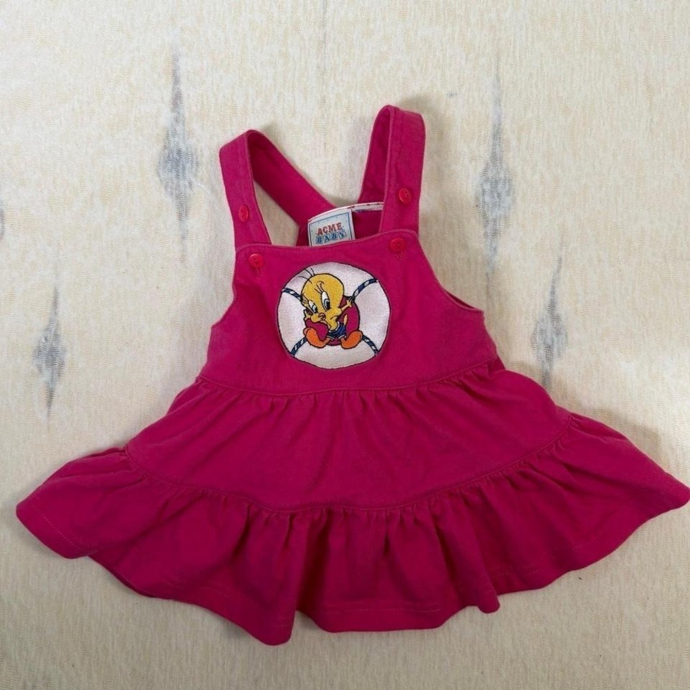 Vintage Acme Baby Tweety Bird Pink Cotton Jumper Dress Baby Toddler